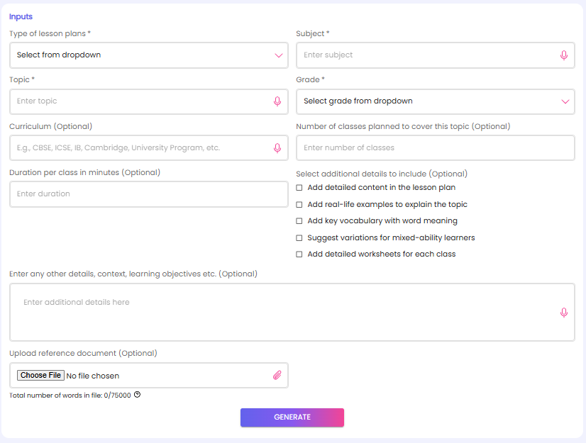 Lesson Planner Input