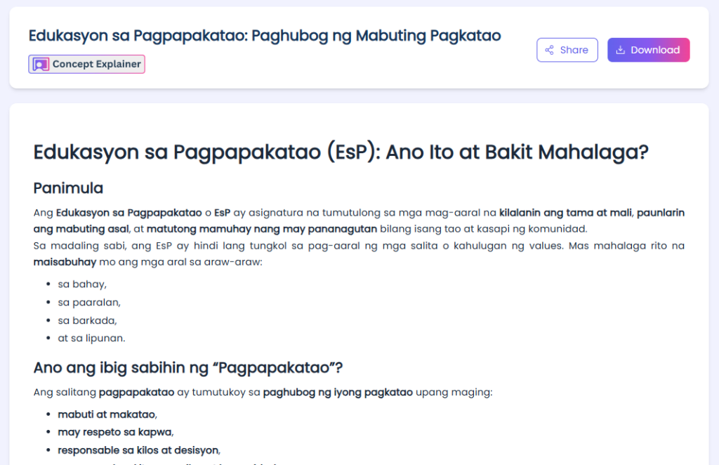 Concept Explainer for Edukasyon sa Pagpapakatao