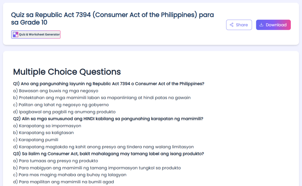 quiz on Republic Act 7394, the Consumer Act of the Philippines