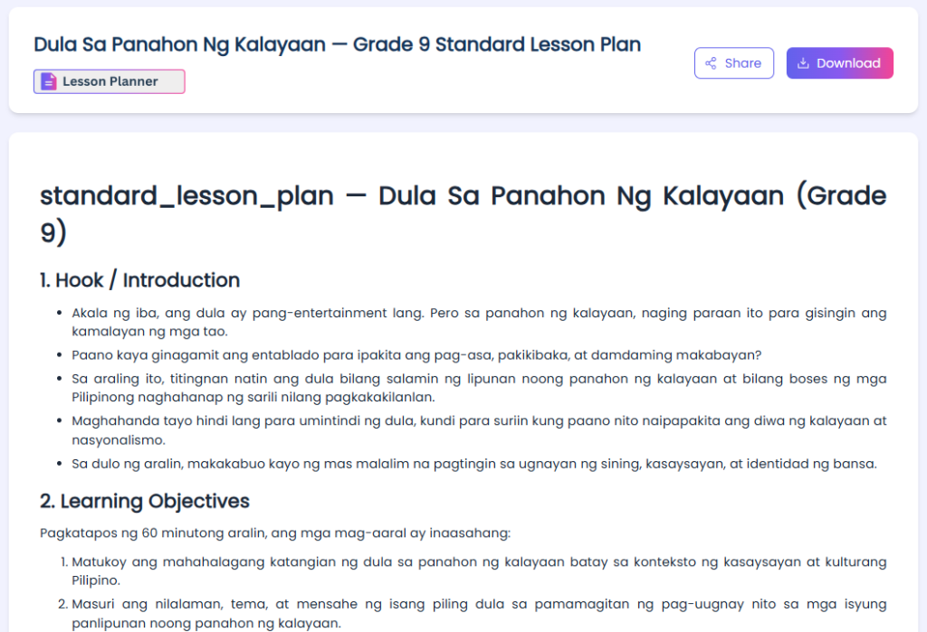 lesson plan around dula sa panahon ng kalayaan