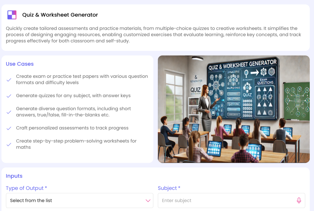Quiz and worksheet generator for teachers.