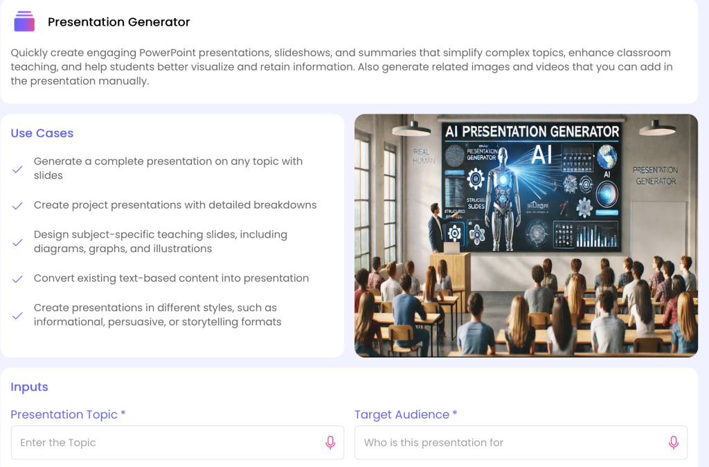 AI Presentation Generator for engaging classroom presentations.
