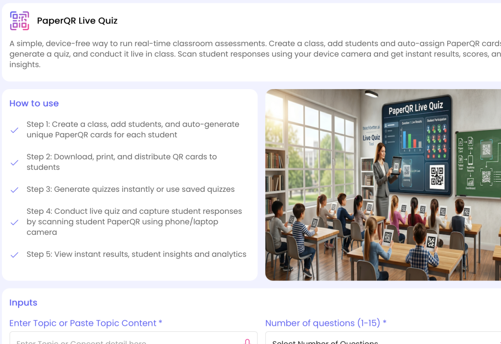 PaperQR Live Quiz for real-time classroom assessment.