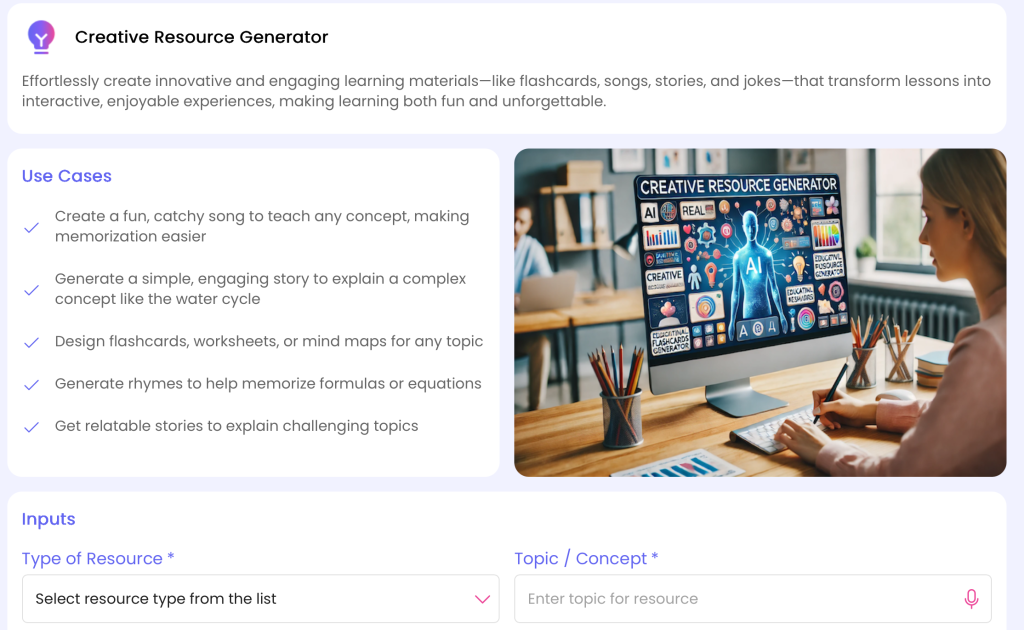 Creative Resource Generator for engaging learning materials.