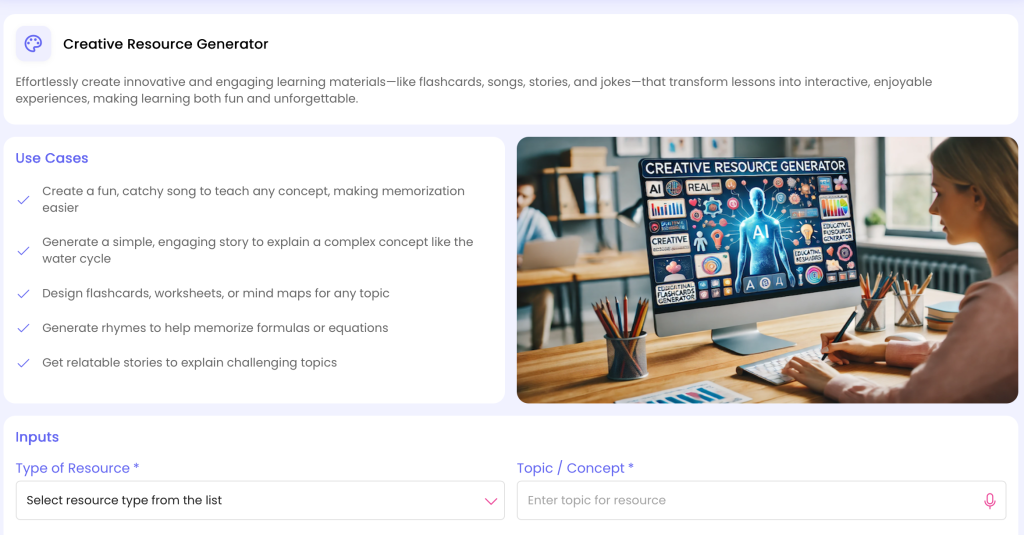 AI Creative Resource Generator interface for engaging learning materials.