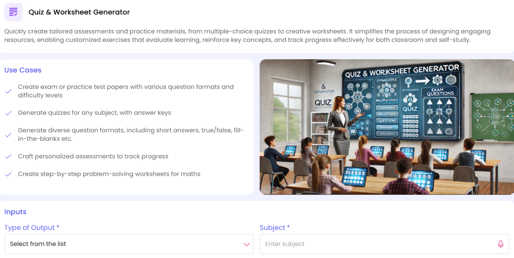 AI platform for creating quizzes and worksheets