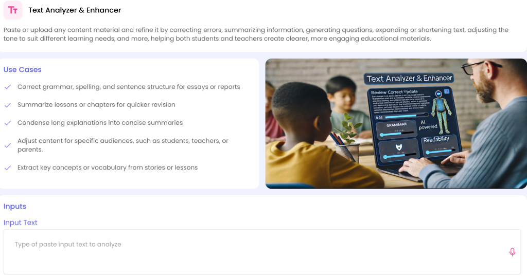 AI Text Analyzer and Enhancer interface for improving educational content.