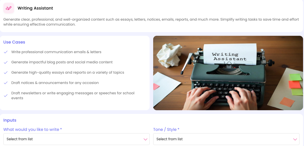Writing Assistant interface for AI-powered content creation.