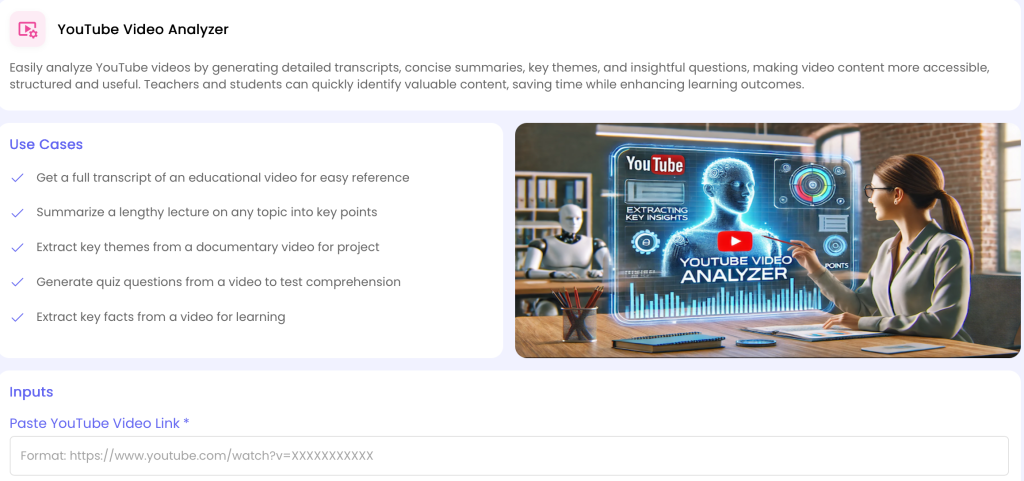 YouTube Video Analyzer interface for AI-powered video summaries and insights
