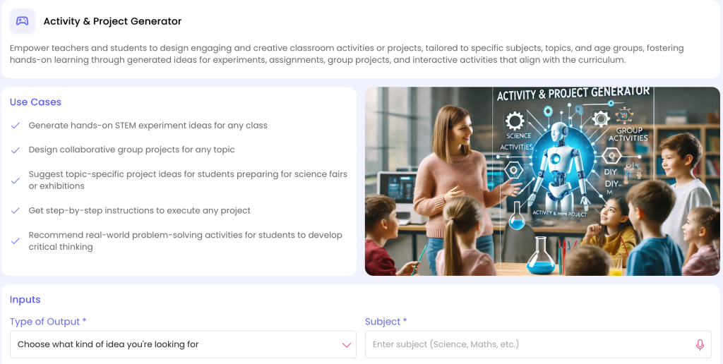 AI generator for classroom activities and projects.